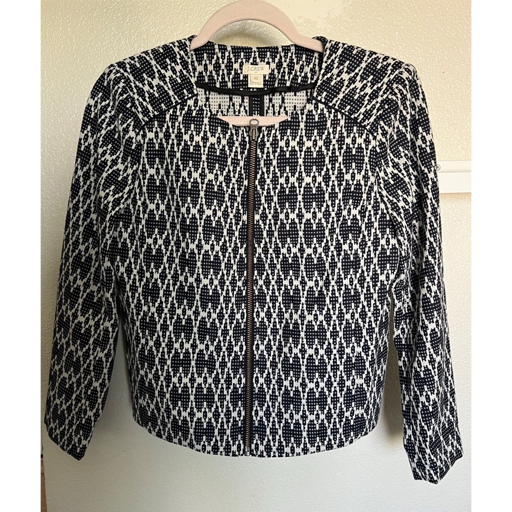 J.Crew Navy and White Jacquard Zip Up Moto Jacket